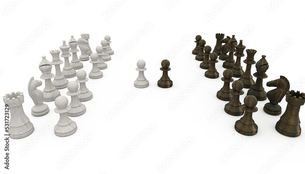 Poster image of black and white chess pieces, with two pawns opposing