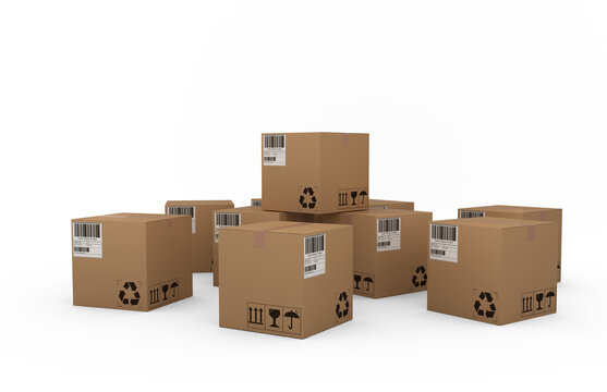 Image of sealed, labelled, barcoded cardboard boxes ready for transportation