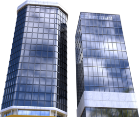 Vertical image of two modern high rise tower block buildings