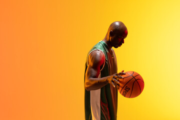 Image of african american basketball player with basketball and copy space on neon orange background