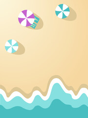 Summer beach background with sun umbrellas and blue sea waves. Vector illustration vertical banner with space for text
