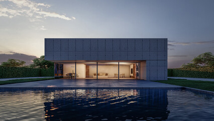 Architectural 3d rendering illustration of modern minimal house with swimming pool at dawn