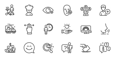 Outline set of Farsightedness, Problem skin and Budget accounting line icons for web application. Talk, information, delivery truck outline icon. Vector