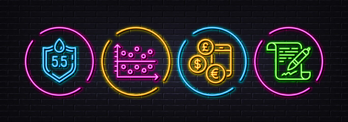 Ph neutral, Dot plot and Currency rate minimal line icons. Neon laser 3d lights. Agreement document icons. For web, application, printing. Water, Presentation graph, Online exchange. Vector