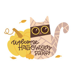 Welcome to Halloween party banner. Mummy cat sitting with pumpkins cartoon flat hand dtawn vector illustration.