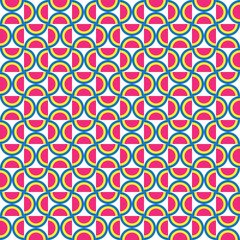 Colorful abstract half-circle pattern. Multicolor arc shape maze on white background. Circular shape backdrop. Rotation of watermelon pattern.