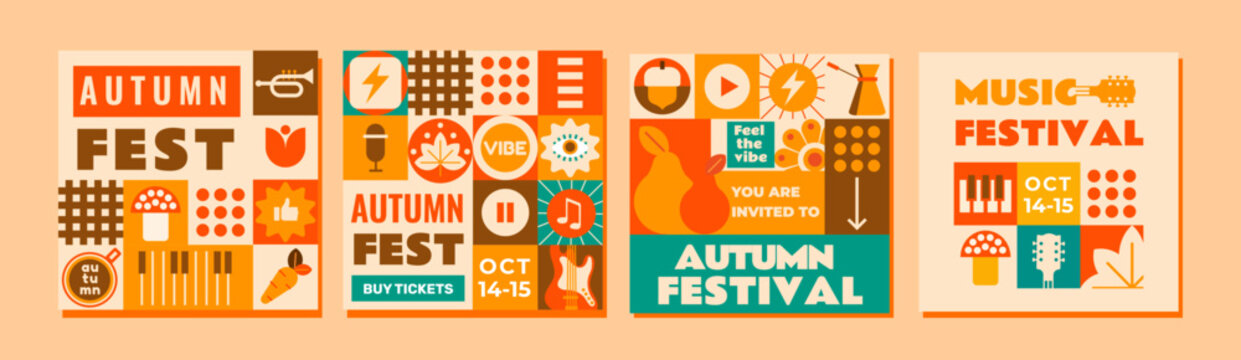 A set of 4 autumn festival templates.
Flat design in mosaic style with various autumn and musical elements. This design is perfect for your fall project! 
Set of editable templates for social media
