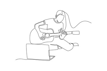 Single one line drawing young boy with laptop learning playing guitar by Online video. Virtually concept. Continuous line draw design graphic vector illustration.
