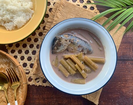 Lotus Stem with Mackerel in coconut soup - Authentic Thai food called Pla too tom Sai Bua