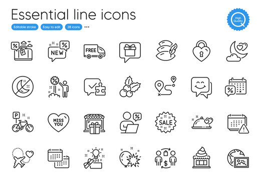 Love night, Smile face and Creative idea line icons. Collection of Travel loan, Discounts calendar, Journey icons. Buying process, Miss you, Honeymoon travel web elements. Ice cream. Vector