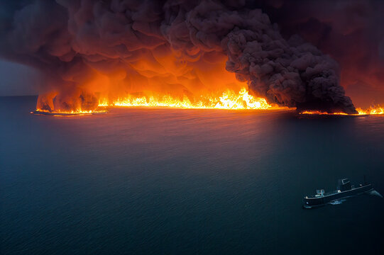 Burning Oil Spill, Huge Fire And Thick And Dense Smoke Over An Oil Spill In The Sea