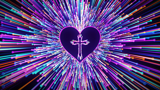 Abstract Religious Purple Colorful Shine Christianity Cross In Heart Lines With Dotted Lines Light Burst Particle Rising Background