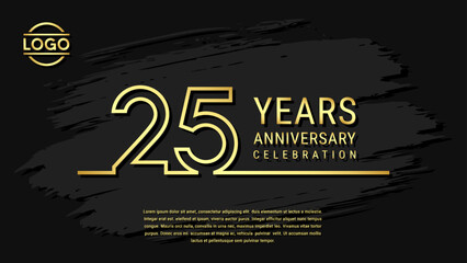25 years anniversary celebration, anniversary celebration template design with gold color isolated on black brush background. vector template illustration