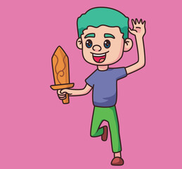 little children holding wooden sword cartoon illustration