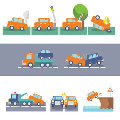 Fototapeta na wymiar Colored car crash accidents and driving safety icons set isolated vector illustration