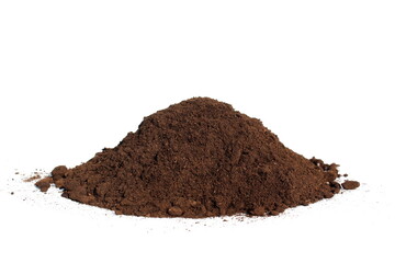 A pile of soil for seedlings lies on a white background.