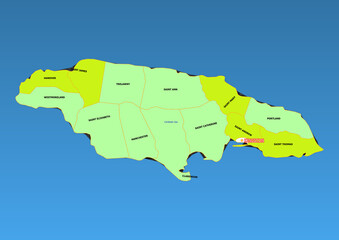 Obraz premium Administrative and political colored vector Map of Jamaica with colourful regions and Capital and neighboring Countries