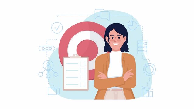 Animated isolated goal setting. Motivated female employee. Looped flat 2D character 4k video footage with alpha channel. Problem solving skill. Colorful animation for mobile, website, social media