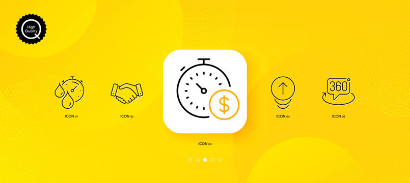 Last minute, 360 degree and Timer minimal line icons. Yellow abstract background. Swipe up, Employees handshake icons. For web, application, printing. Vector