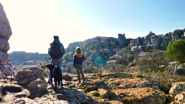 father, son and dog at Torcal