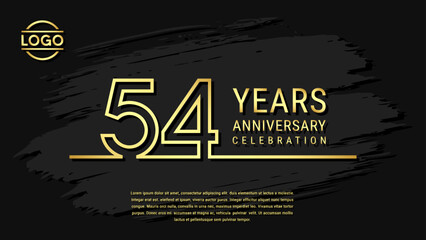 54 years anniversary celebration, anniversary celebration template design with gold color isolated on black brush background. vector template illustration - obrazy, fototapety, plakaty