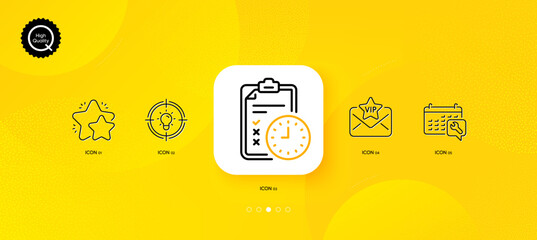 Fototapeta na wymiar Spanner, Idea and Exam time minimal line icons. Yellow abstract background. Vip mail, Star icons. For web, application, printing. Repair service, Solution, Checklist. Exclusive privilege. Vector
