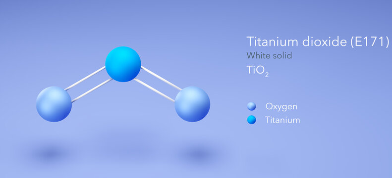 Vector ball-and-stick model of titanium dioxide or titania molecule TiO2  consisting of titanium and oxygen. Structural formula used as a pigment  titanium white. Icon is isolated on a white background. Stock Vector