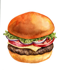 watercolor drawing fresh burger with tomatoes, onion and salad, hand drawn illustration