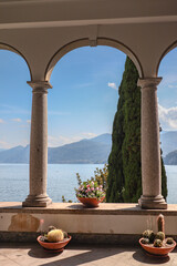 Vertical View of Arch with a View at Varenna. Picturesque Lake Como in Lombardy. 