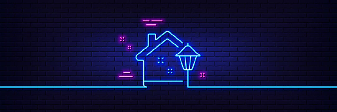 Neon Light Glow Effect. Street Light Line Icon. Outdoor Lamp Sign. House Illuminate Symbol. 3d Line Neon Glow Icon. Brick Wall Banner. Street Light Outline. Vector