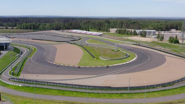 Aerial view race on moto track, aerial view