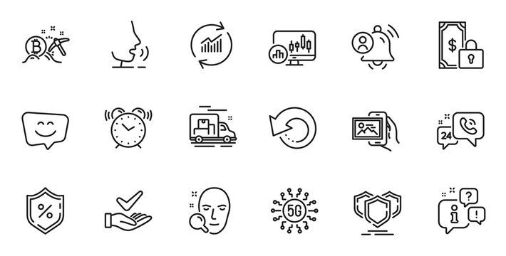 Outline set of Recovery data, Loan percent and Dermatologically tested line icons for web application. Talk, information, delivery truck outline icon. Vector