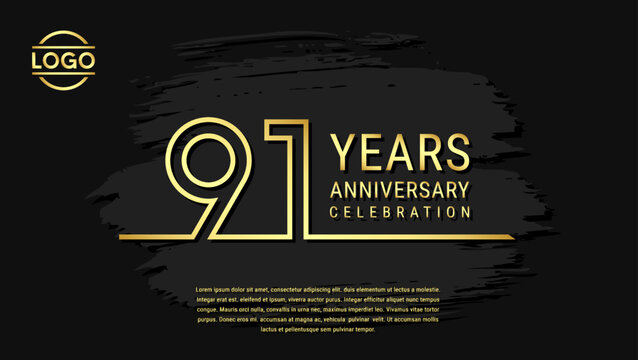 91 years anniversary celebration, anniversary celebration template design with gold color isolated on black brush background. vector template illustration