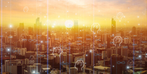 Futuristic smart city connectivity wireless data connection transmission technology, ai internet telecommunication security network connecting city and people smart devices, sunset city background