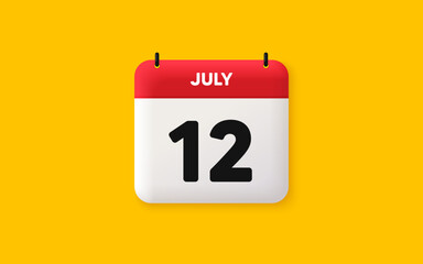 Calendar date 3d icon. 12th day of the month icon. Event schedule date. Meeting appointment time. Agenda plan, July month schedule 3d calendar and Time planner. 12th day day reminder. Vector