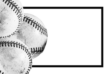 Baseball frame background for sports poster in black and white, group of used game balls texture closeup on white backdrop with copy space.