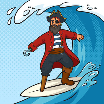 Pirate rides surfboard on ocean wave pinup pop art retro vector illustration. Comic book style imitation.