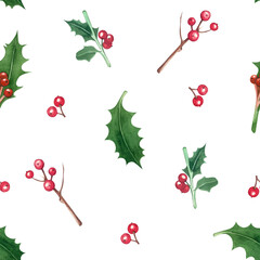 Seamless pattern and watercolor elements on a white background. Green sprigs of holly and poddub with bright red berries painted by hand in watercolor. Suitable for printing on fabric, paper.