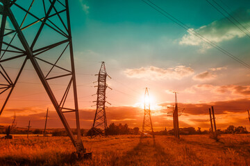 Tower and High Voltage Power Line at sunset. Power line with cloudy yellow sky on background 4k power, line, High, voltage, TimeLapse, Colorful, Sky, tower, electricity, pylons, cloudy, energetic,