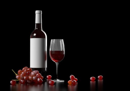 Wine bottle scene with grapes and wine glass mockup template 3d render.