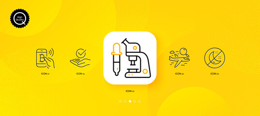 Fototapeta na wymiar Approved, Insomnia and Search flight minimal line icons. Yellow abstract background. Microscope, Bitcoin pay icons. For web, application, printing. Verified symbol, Stop sleep, Find airplane. Vector