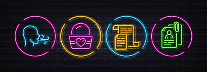 Documents, Ice cream and Breathing exercise minimal line icons. Neon laser 3d lights. Interview documents icons. For web, application, printing. Office file, Sundae cup, Breath. Cv attachment. Vector