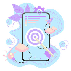 Business target illustration with pastel light blue and purple color,arrow,break limit theme,cloud,phone,target,and business icon.