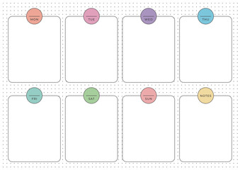 A weekly plan design template in a modern, simple, and minimalist style. Note, scheduler, diary, calendar, planner document template illustration.