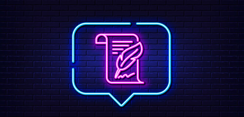 Neon light speech bubble. Feather signature line icon. Copywriting sign. Feedback symbol. Neon light background. Feather glow line. Brick wall banner. Vector