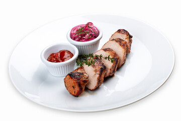 Grilled pork sliced with tomato sauce and pickled onions. Isolated on a white background