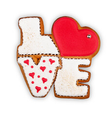 Gingerbread in the shape of LOVE. Isolated on white background