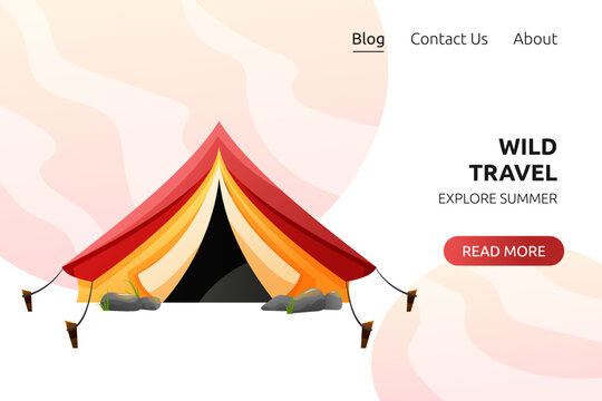 Wild Travel Vector Banner Concept. Red And Yellow Camp Tent. Hiking, Hunting, Fishing Web Site Concept.