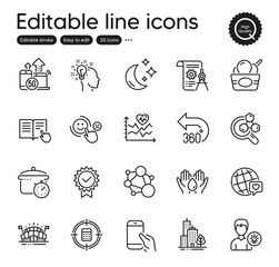 Set of Business outline icons. Contains icons as Hold smartphone, Skyscraper buildings and Chemistry lab elements. Certificate, Customer satisfaction, Integrity web signs. Moon. Vector