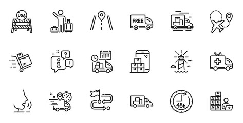 Outline set of Travel path, Lighthouse and Truck transport line icons for web application. Talk, information, delivery truck outline icon. Vector